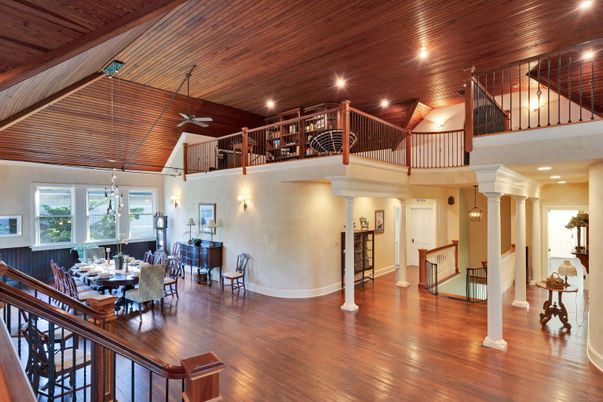 Dining room, Interior, Piano, Recessed Lighting, Wooden Beams, Wooden Ceilings, Wood Texture Flooring