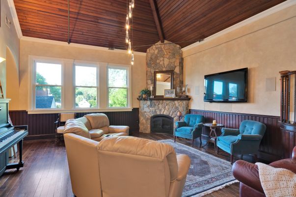 Fireplace, Interior, Living room, Pendant Lights, Piano, Stone Walls, Wooden Ceilings, Wood Texture Flooring