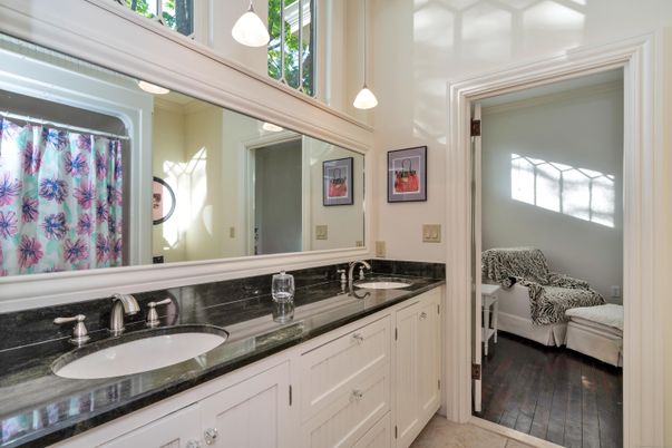 Bathroom, Dual Sink Vanities, Interior, Pendant Lights, Wood Texture Flooring