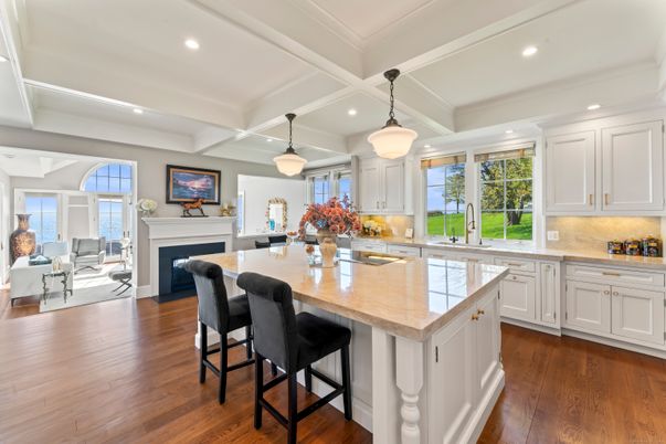 Dining room, Fireplace, Interior, Kitchen, Living room, Pendant Lights, Recessed Lighting, Wood Texture Flooring