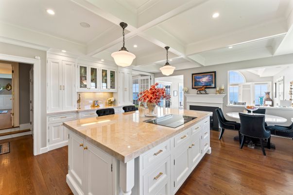 Dining room, Fireplace, Interior, Kitchen, Pendant Lights, Recessed Lighting, Wood Texture Flooring