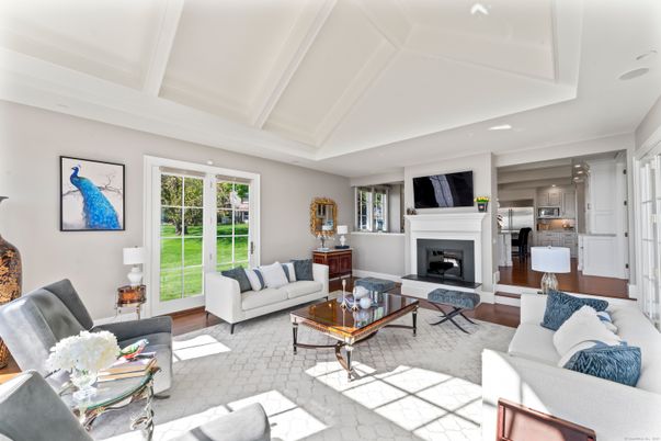 Fireplace, Interior, Kitchen, Living room, Recessed Lighting, Wood Texture Flooring
