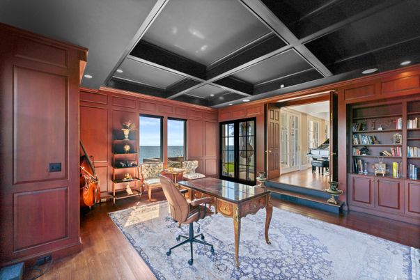 Home Office, Interior, Recessed Lighting, Water, Wood Texture Flooring, Wooden Walls