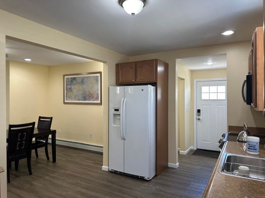 Dining room, Interior, Kitchen, Recessed Lighting, Wood Texture Flooring