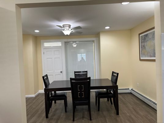 Dining room, Interior, Recessed Lighting, Wood Texture Flooring