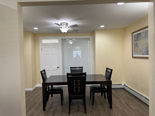 Dining room, Interior, Recessed Lighting, Wood Texture Flooring