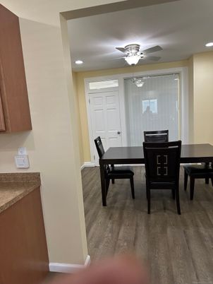 Dining room, Interior, Recessed Lighting, Wood Texture Flooring