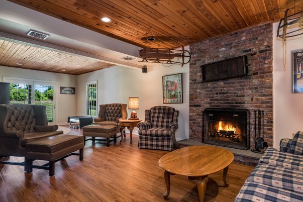 Fireplace, Interior, Living room, Recessed Lighting, Stone Walls, Wooden Ceilings, Wood Texture Flooring