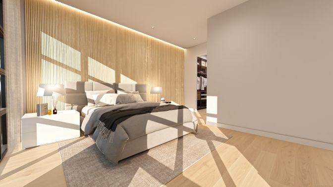 Bedroom, Interior, Recessed Lighting, Wood Texture Flooring