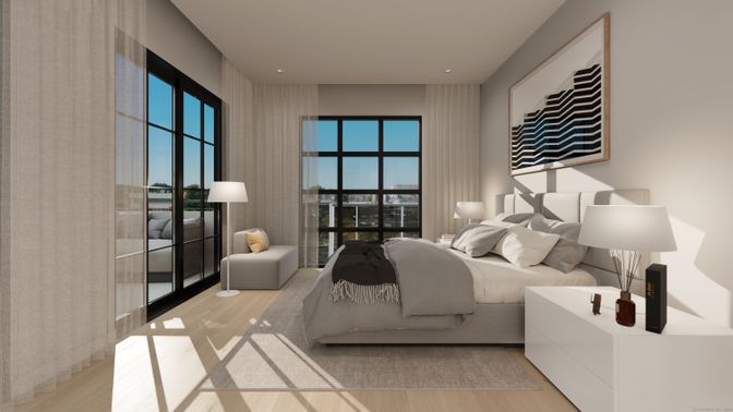 Bedroom, Interior, Recessed Lighting, Wood Texture Flooring