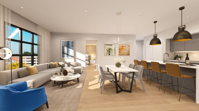 Dining room, Interior, Kitchen, Living room, Pendant Lights, Recessed Lighting, Wood Texture Flooring