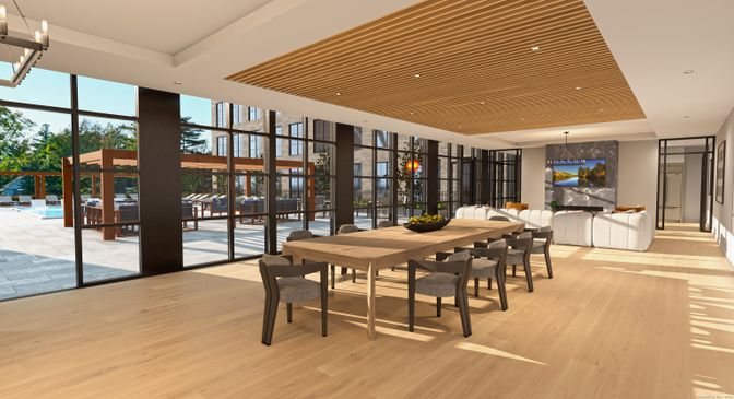 Dining room, Fireplace, Interior, Living room, Recessed Lighting, Wood Texture Flooring