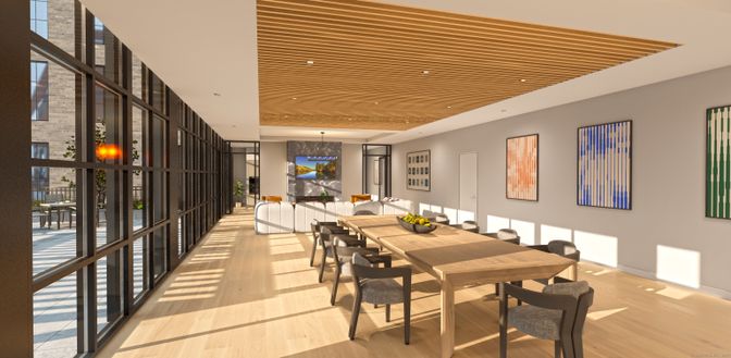 Dining room, Interior, Recessed Lighting, Stone Walls, Wood Texture Flooring