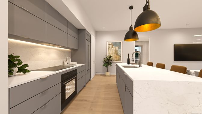 Interior, Kitchen, Pendant Lights, Recessed Lighting, Wood Texture Flooring
