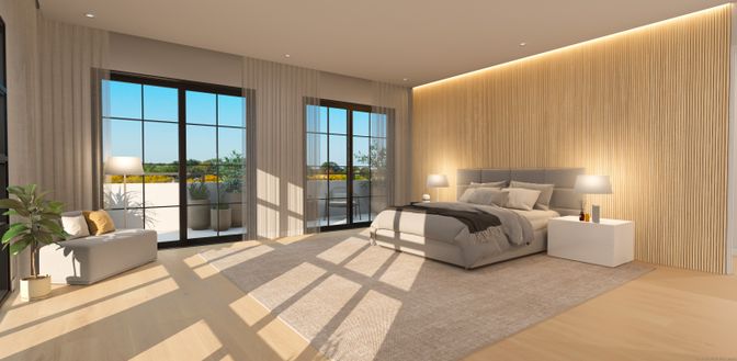 Bedroom, Interior, Recessed Lighting, Wood Texture Flooring