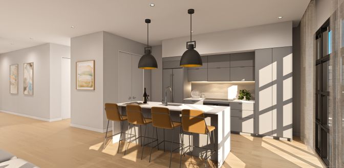 Interior, Kitchen, Pendant Lights, Recessed Lighting, Wood Texture Flooring