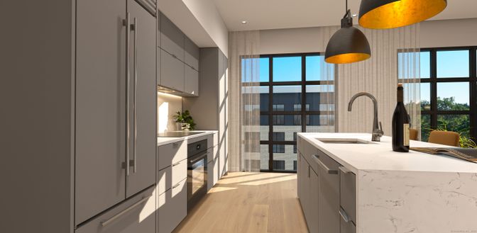 Interior, Kitchen, Pendant Lights, Recessed Lighting, Wood Texture Flooring