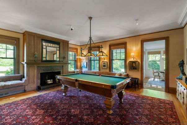 Billiard Table, Fireplace, Game Room, Interior, Pendant Lights, Wood Texture Flooring