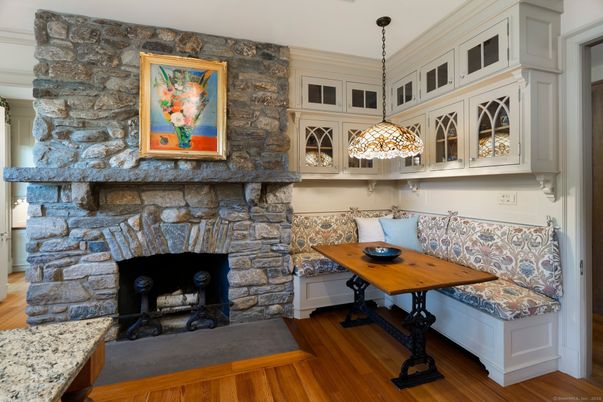 Fireplace, Interior, Pendant Lights, Stone Walls, Wood Texture Flooring