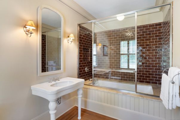 Bathroom, Glass Shower, Interior, Wood Texture Flooring