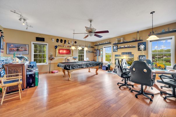 Billiard Table, Game Room, Home Office, Interior, Pendant Lights, Wood Texture Flooring