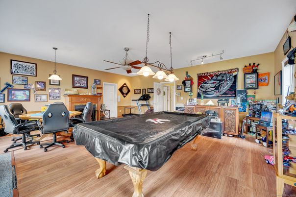 Billiard Table, Game Room, Home Office, Interior, Pendant Lights, Wood Texture Flooring