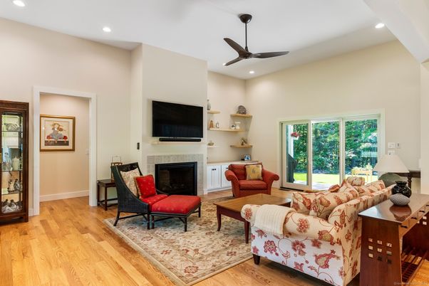 Fireplace, Interior, Living room, Recessed Lighting, Wood Texture Flooring