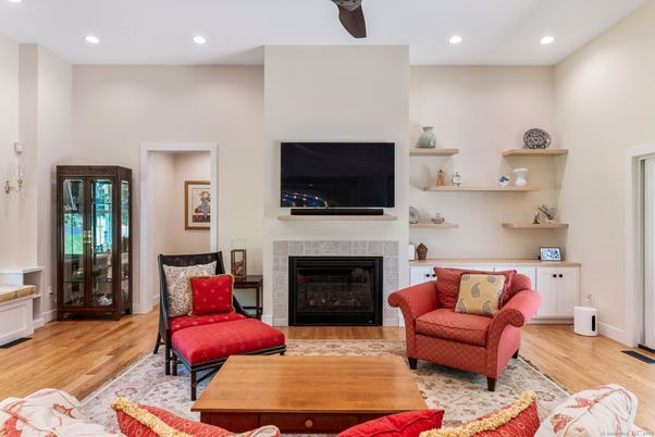 Fireplace, Interior, Living room, Recessed Lighting, Wood Texture Flooring