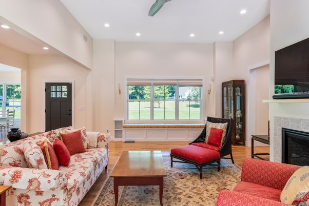 Fireplace, Interior, Living room, Recessed Lighting, Wood Texture Flooring