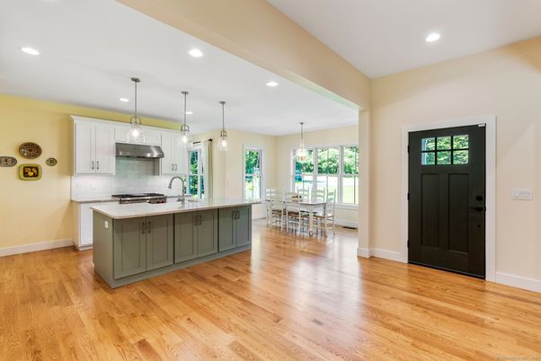 Dining room, Interior, Kitchen, Pendant Lights, Recessed Lighting, Stainless Steel Appliances, Wood Texture Flooring