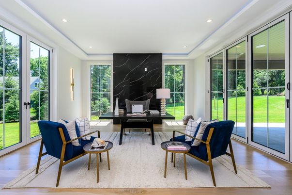 Home Office, Interior, Marble Walls, Recessed Lighting, Wood Texture Flooring