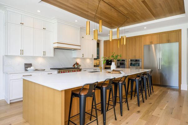 Interior, Kitchen, Pendant Lights, Recessed Lighting, Stainless Steel Appliances, Wooden Ceilings, Wood Texture Flooring