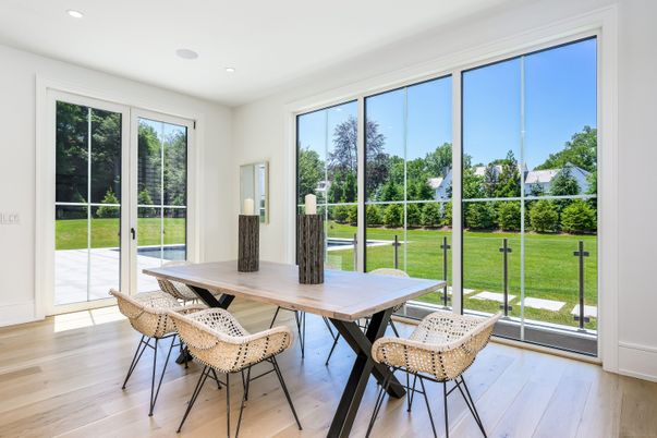 Dining room, Interior, Recessed Lighting, Wood Texture Flooring