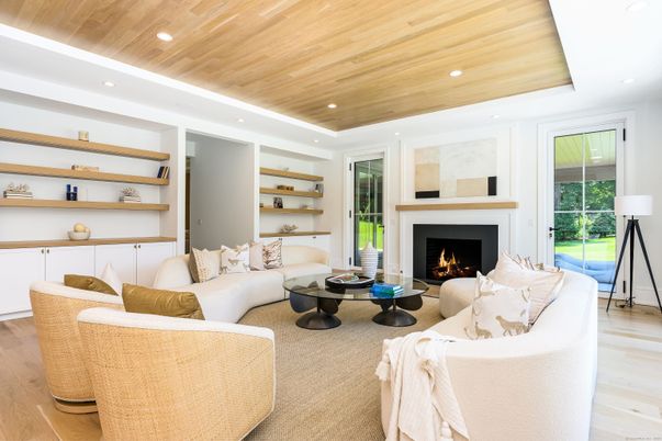 Fireplace, Interior, Living room, Recessed Lighting, Wooden Ceilings, Wood Texture Flooring