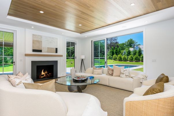 Fireplace, Interior, Living room, Recessed Lighting, Wooden Ceilings