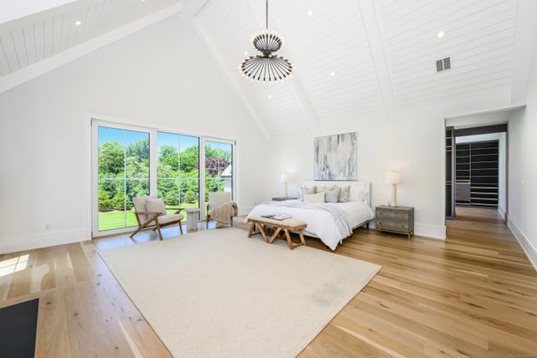 Bedroom, Interior, Pendant Lights, Recessed Lighting, Wood Texture Flooring