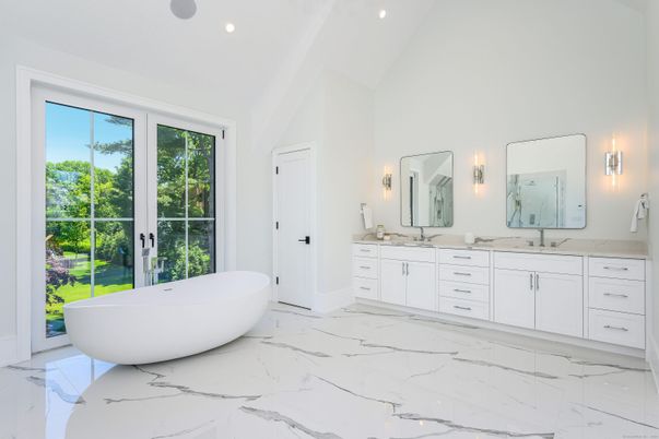 Bathroom, Dual Sink Vanities, Free Standing Baths, Interior, Marble, Recessed Lighting