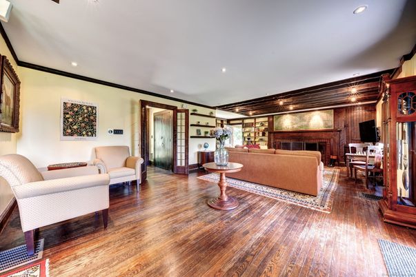Dining room, Fireplace, Interior, Living room, Recessed Lighting, Wood Texture Flooring, Wooden Walls