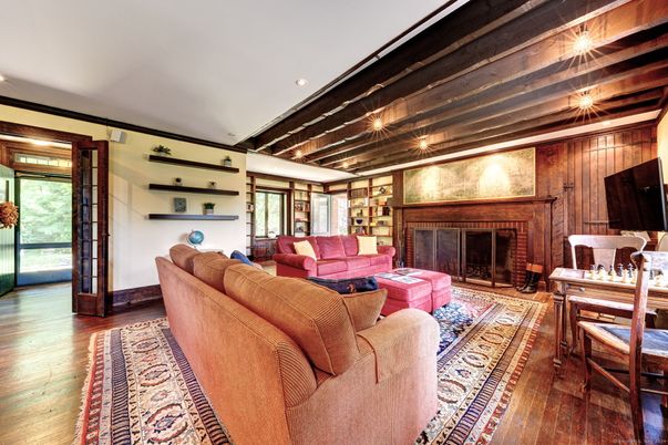 Fireplace, Interior, Living room, Recessed Lighting, Wood Texture Flooring, Wooden Walls