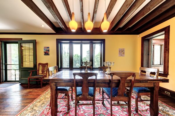 Dining room, Interior, Pendant Lights, Wooden Beams, Wood Texture Flooring