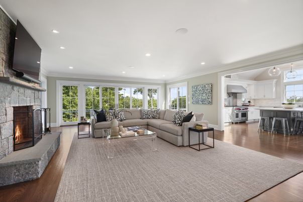 Fireplace, Interior, Kitchen, Living room, Pendant Lights, Recessed Lighting, Wood Texture Flooring