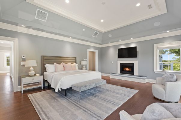 Bedroom, Fireplace, Interior, Recessed Lighting, Wood Texture Flooring