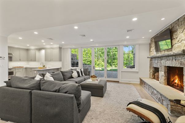 Fireplace, Interior, Kitchen, Living room, Recessed Lighting, Wood Texture Flooring