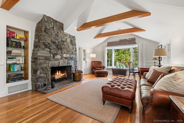 Fireplace, Interior, Living room, Stone Walls, Wooden Beams, Wood Texture Flooring