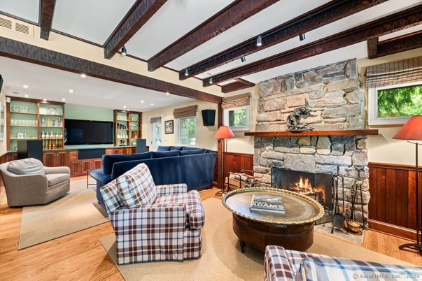 Fireplace, Interior, Living room, Recessed Lighting, Stone Walls, Wooden Beams, Wood Texture Flooring