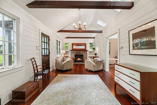 Chandelier, Fireplace, Interior, Living room, Pendant Lights, Wooden Beams, Wood Texture Flooring