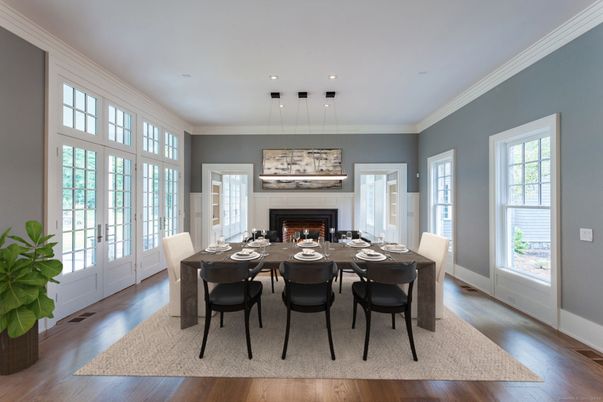 Dining room, Fireplace, Interior, Pendant Lights, Recessed Lighting, Wood Texture Flooring
