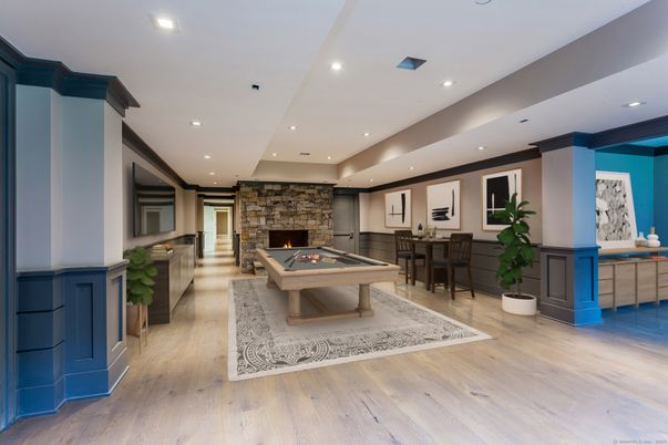 Billiard Table, Dining room, Fireplace, Game Room, Interior, Recessed Lighting, Stone Walls, Wood Texture Flooring