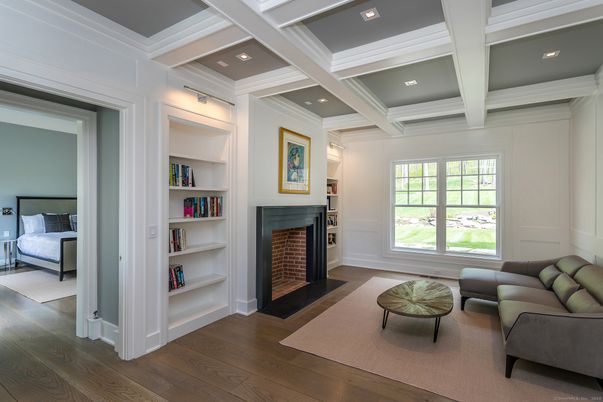 Bedroom, Fireplace, Interior, Recessed Lighting, Wood Texture Flooring