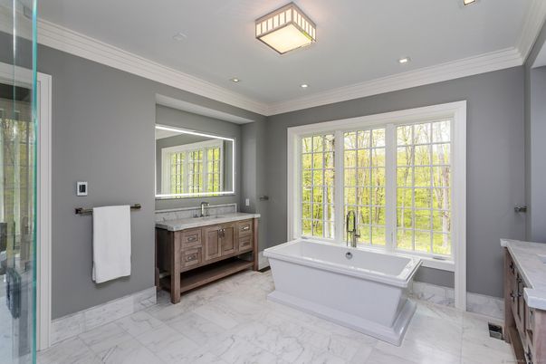 Bathroom, Free Standing Baths, Interior, Marble, Recessed Lighting